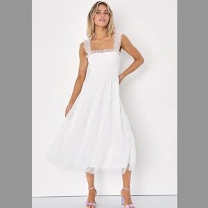 White Tulle Tiered Polka Dot Midi Dress